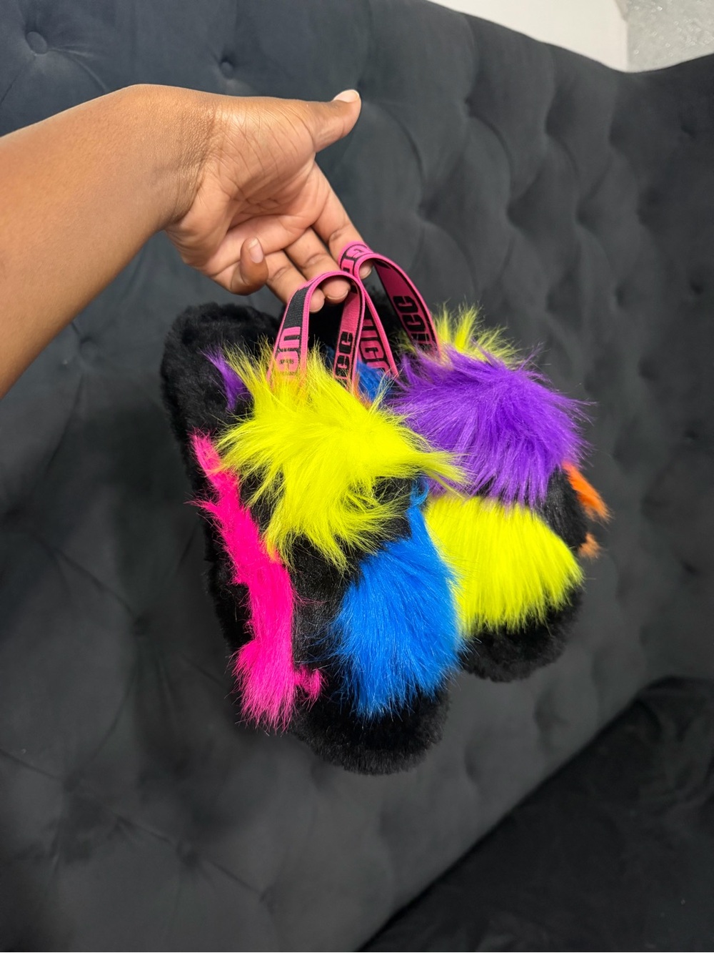 UGG Black Fuzzy Slides with Neon Multicolor Fur